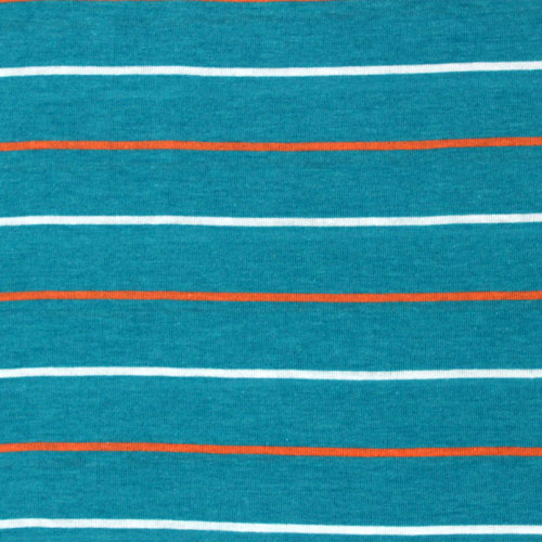 Orange White Small Stripe on Turquoise Blue Cotton Jersey Knit Fabric