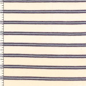 Small Red Blue Multi Stripes on Cream Cotton Jersey Knit Fabric