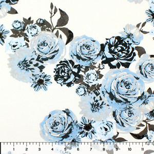 Blue Charcoal Floral on White Cotton Jersey Blend Knit Fabric