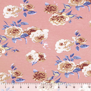 Dusty Gold Taupe Roses on Dogwood Cotton Jersey Spandex Blend Knit Fabric