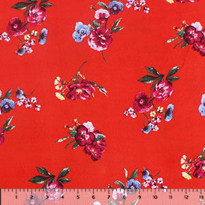 Magenta Blue Floral on Red Double Brushed Jersey Spandex Blend Knit Fabric