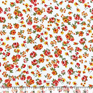 Pink Yellow Small Floral on White Double Brushed Jersey Spandex Blend Knit Fabric
