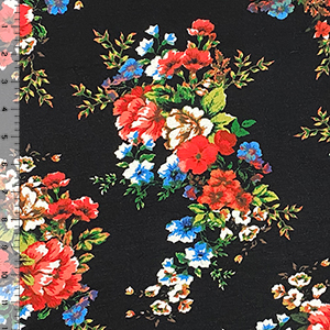 Red Blue Floral Bouquets on Black Cotton Jersey Spandex Blend Knit Fabric