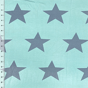 Big Gray Stars on Aqua Cotton Jersey Spandex Blend Knit Fabric