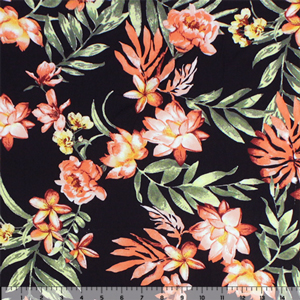 Peachy Tropical on Black Double Brushed Jersey Spandex Blend Knit Fabric