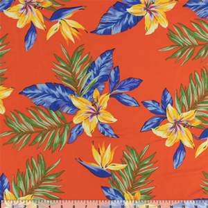 Orange Hibiscus on Persimmon Double Brushed Jersey Spandex Blend Knit Fabric
