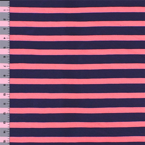 Navy Blue Salmon Pink Rugby Stripe Cotton Jersey Spandex Blend Knit Fabric