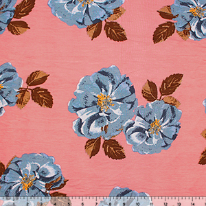 Big Blue Floral on Dark Rose Cotton Jersey Spandex Blend Knit Fabric
