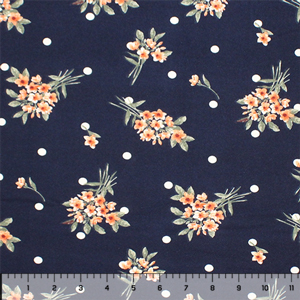 Peach Floral Bouquets Dot on Navy Double Brushed Jersey Spandex Blend Knit Fabric