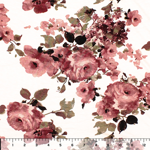 Marsala Mauve Floral on Ivory Cotton Jersey Spandex Blend Knit Fabric