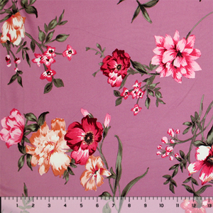 Fuchsia Peach Painted Floral on Lilac Double Brushed Jersey Spandex Blend Knit Fabric