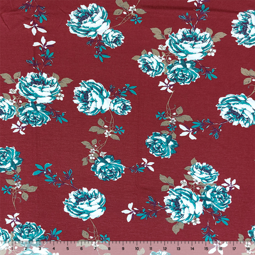 Teal Roses on Maroon Cotton Jersey Spandex Blend Knit Fabric