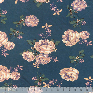 Chalky Pink Lavender Roses on Teal Cotton Jersey Spandex Blend Knit Fabric