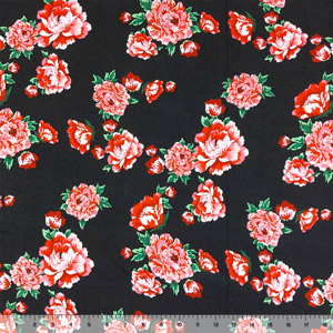 Pink Red Damask Roses on Black Cotton Jersey Spandex Blend Knit Fabric