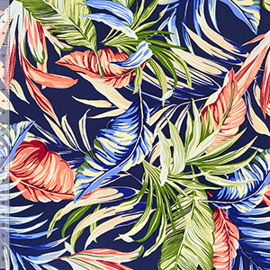 Hand Painted Palm Leaves on Navy Double Brushed Jersey Spandex Blend Knit Fabric
