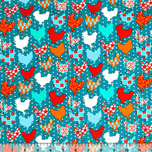 Retro Patterned Chickens on Teal Jersey ITY Knit Fabric
