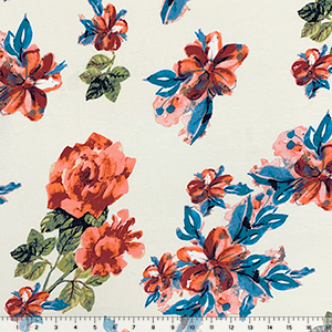 Coral Blue Floral on Ivory Cotton Jersey Blend Knit Fabric