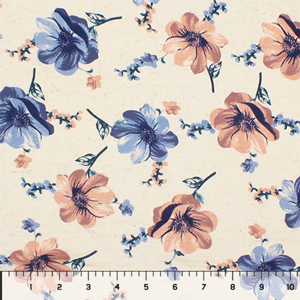 Mauve Blue Painted Flowers on Oatmeal Cotton Jersey Blend Knit Fabric