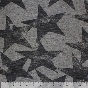 Half Yard Black Stamped Stars on Charcoal Gray Cotton Jersey Blend Knit Fabric
