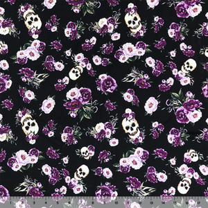 Small Rose Bouquets and Skulls on Black Cotton Jersey Blend Knit Fabric
