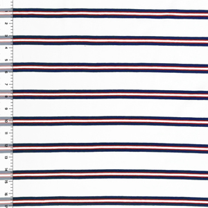 Red Blue Multi Stripes on White Cotton Jersey Knit Fabric