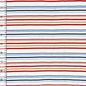 Red Blue Gold Small Multi Stripe on White Cotton Jersey Blend Knit Fabric