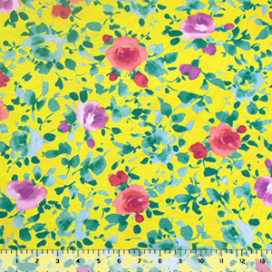 Pinky Blue Watercolor Floral on Lemon Cotton Jersey Spandex Blend Knit Fabric