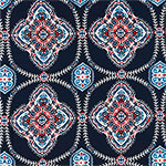 Rust Teal Boho Tiles on Navy Double Brushed Jersey Spandex Blend Knit Fabric