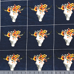 Half Yard Floral Decorated Cow Skulls on Navy Cotton Jersey Spandex Blend Knit Fabric