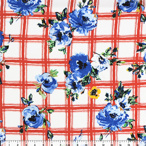 Half Yard Royal Blue Floral on Red Plaid Double Brushed Jersey Spandex Blend Knit Fabric
