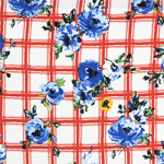 Royal Blue Floral on Red Plaid Double Brushed Jersey Spandex Blend Knit Fabric