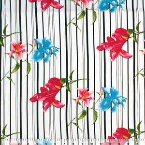 Fuschia Blue Lily Floral Over Vertical Black Stripes Double Brushed Jersey Spandex Blend Knit Fabric