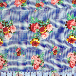 Rose Floral Bouquets Over Blue Houndstooth Double Brushed Jersey Spandex Blend Knit Fabric