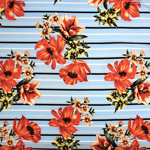Red Peach Floral Over Black White Stripes Double Brushed Jersey Spandex Blend Knit Fabric