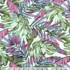 Sage Marsala Sketched Palm Leaves on Ivory Double Brushed Jersey Spandex Blend Knit Fabric