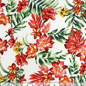 Red Tropical on White Double Brushed Jersey Spandex Blend Knit Fabric