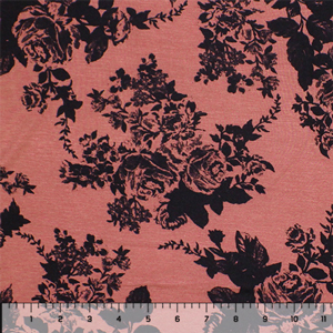 Black Floral Silhouettes on Deep Marsala Cotton Jersey Spandex Blend Knit Fabric