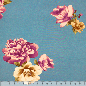Half Yard Big Plum Mum Floral on Dusty Teal Cotton Jersey Spandex Blend Knit Fabric