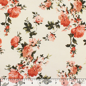 Small Coral Olive Floral Vines on Ivory Cotton Jersey Spandex Blend Knit Fabric