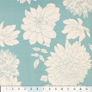 Half Yard Big Ivory Mum Floral Silhouettes on Dusty Aqua Double Brushed Jersey Spandex Blend Knit Fabric