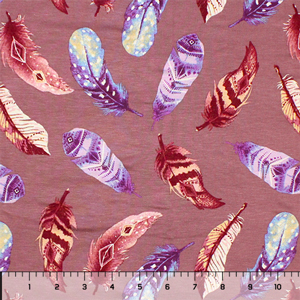 Brick Lilac Ornate Falling Feathers on Dark Mauve Cotton Jersey Spandex Blend Knit Fabric