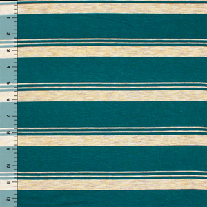 Teal Green Multi Stripe on Oatmeal Modal Jersey Spandex Blend Knit Fabric