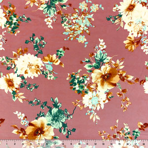 Green Gold Floral on Dark Rose Double Brushed Jersey Spandex Blend Knit Fabric