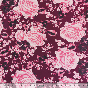 Big Pink Roses on Burgundy Double Brushed Jersey Spandex Blend Knit Fabric