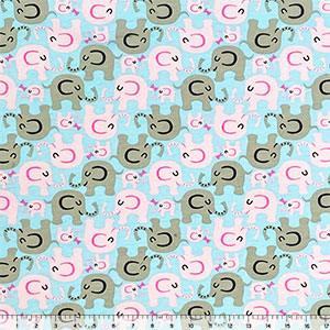 Pink Gray Elephants on Sky Cotton Spandex Knit Fabric