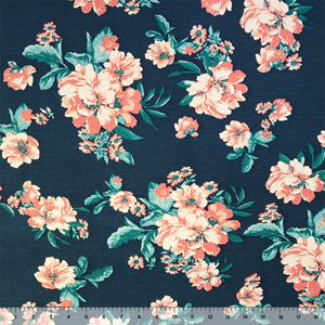 Mauve Geranium Floral on Blue Cotton Jersey Spandex Blend Knit Fabric
