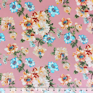 Sky Pink Antique Floral on Rose Cotton Jersey Spandex Blend Knit Fabric
