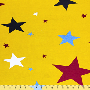 Slightly Flawed Red Blue White Stars on Gold Cotton Jersey Spandex Blend Knit Fabric