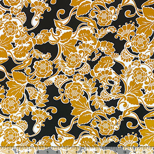 Outlined Gold Floral on Black Double Brushed Jersey Spandex Blend Knit Fabric