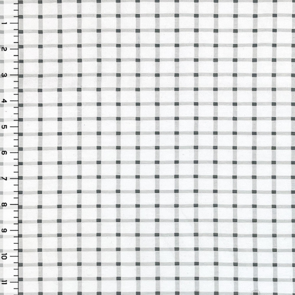 Graphite Windowpane Plaid Squares on White Cotton Spandex Knit Fabric